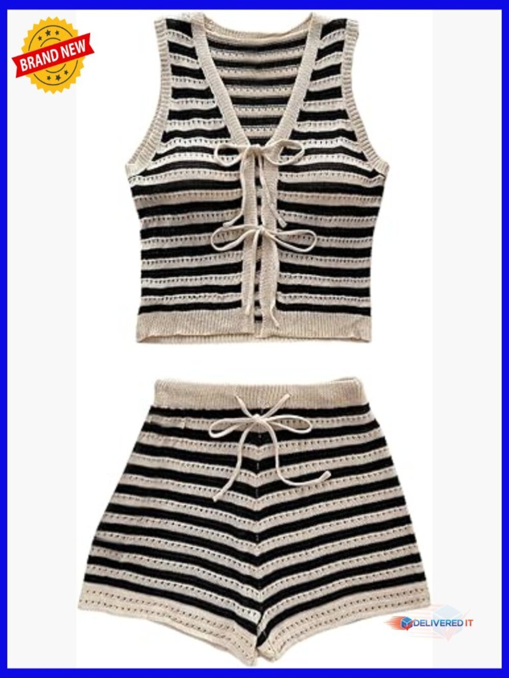 Women's Crochet Stripe Two Piece Short Set Sleeveless Tie Front Top Vacation